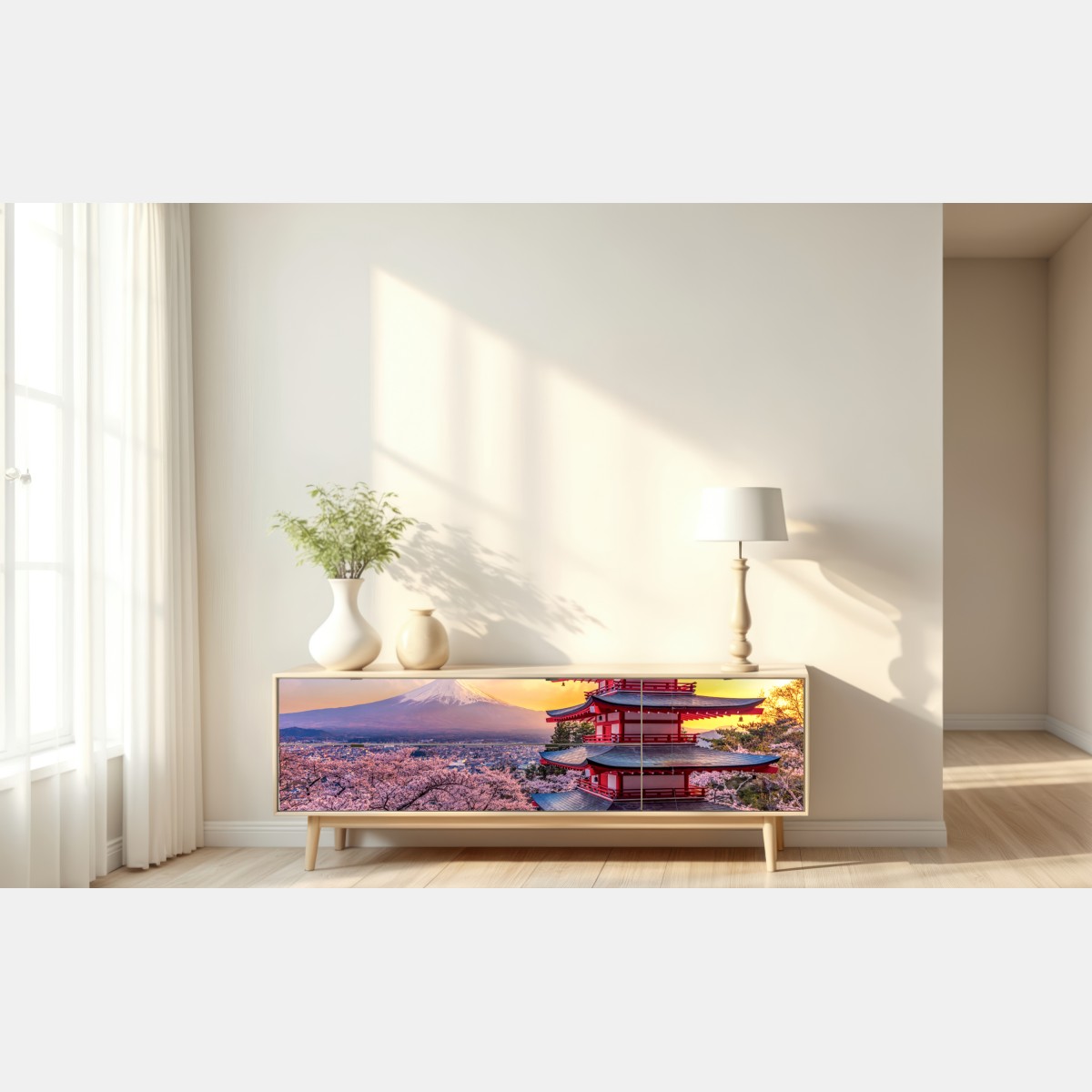 Naklejka repozycjonowalna zachód słońca nad Górą Fudżi i pagodą Chureito – Wallissimo® Naklejka repozycjonowalna zachód słońca nad Górą Fudżi i pagodą Chureito – Wallissimo®
