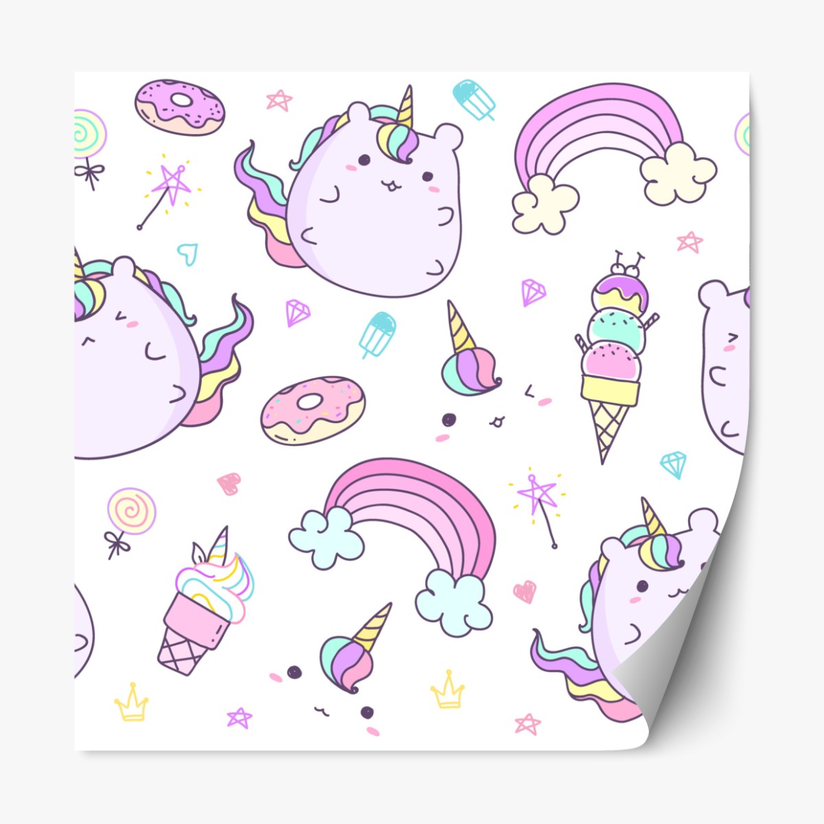 Repositionable sticker playful pastel unicorn cat pattern