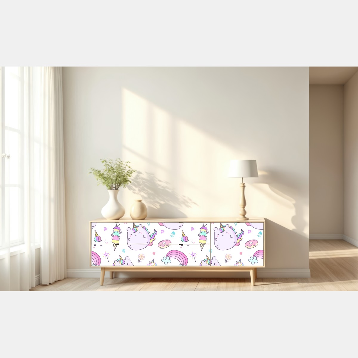 Naklejka repozycjonowalna zabawny pastelowy wzór z jednorożcowym kotem – Wallissimo® Naklejka repozycjonowalna zabawny pastelowy wzór z jednorożcowym kotem – Wallissimo®