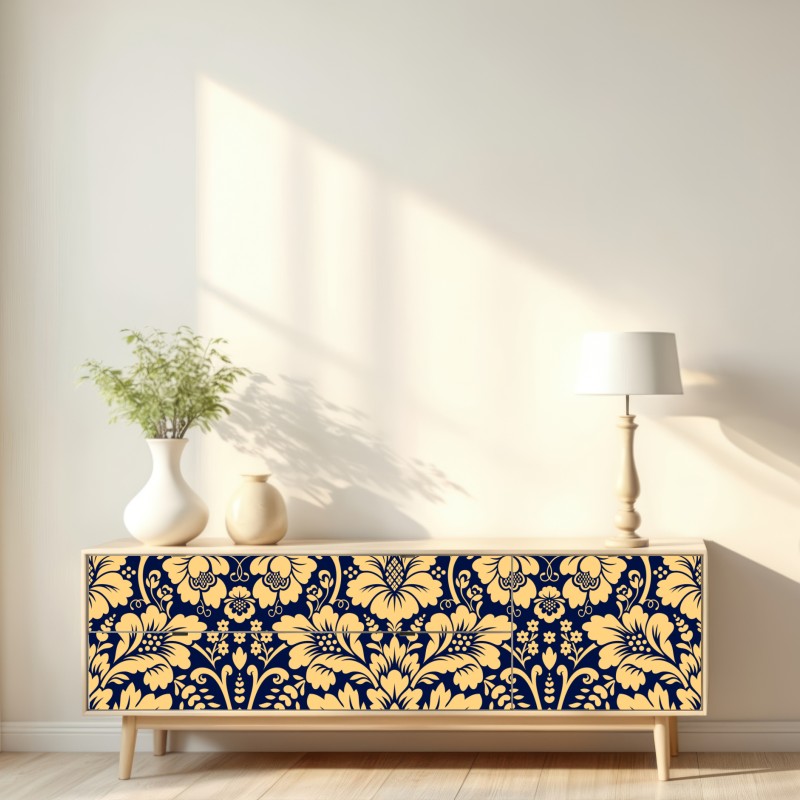 Naklejka repozycjonowalna granatowo-beżowy wzór damasceński – Wallissimo® Naklejka repozycjonowalna granatowo-beżowy wzór damasceński – Wallissimo®