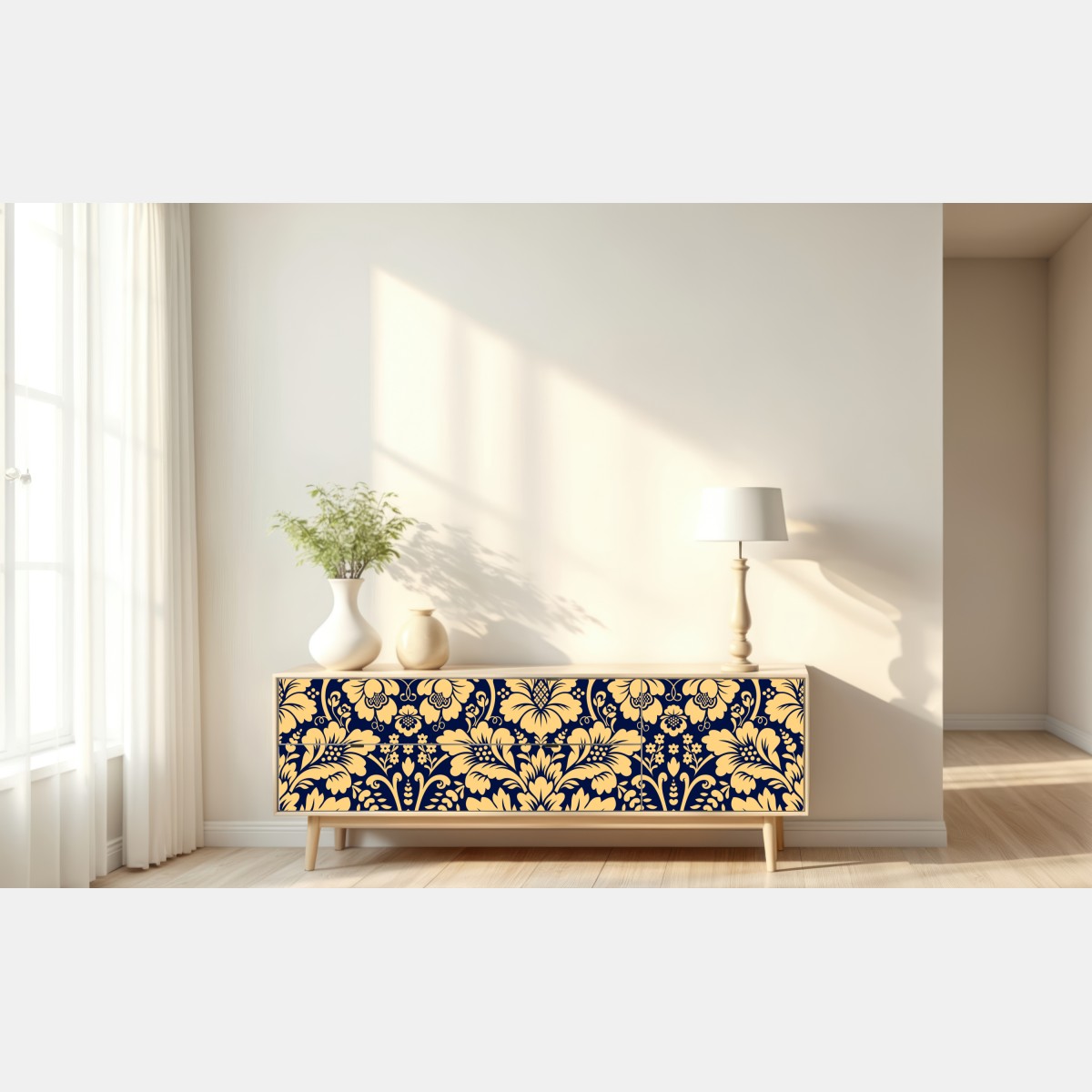 Naklejka repozycjonowalna granatowo-beżowy wzór damasceński – Wallissimo® Naklejka repozycjonowalna granatowo-beżowy wzór damasceński – Wallissimo®