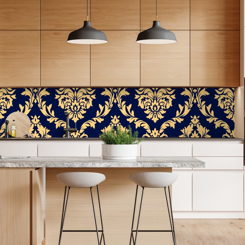 Naklejka repozycjonowalna wzór damaskowy w odcieniach złota i granatu – Wallissimo® Naklejka repozycjonowalna wzór damaskowy w odcieniach złota i granatu – Wallissimo®