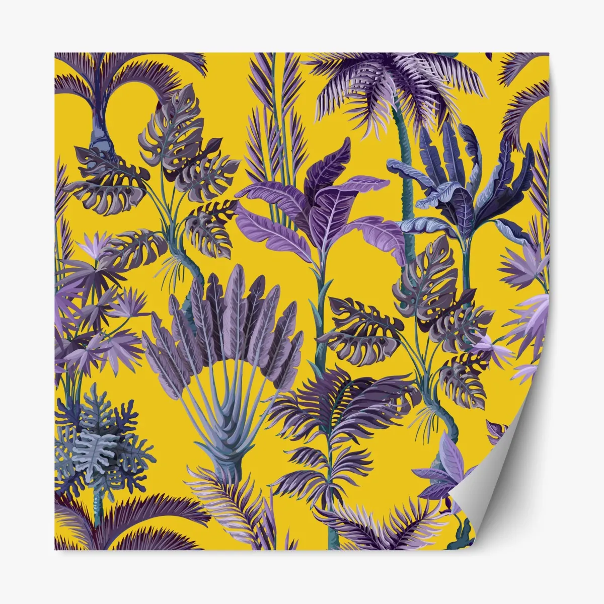 Naklejka repozycjonowalna tropikalne fioletowe liście na żółtym tle – Wallissimo® Naklejka repozycjonowalna tropikalne fioletowe liście na żółtym tle – Wallissimo®
