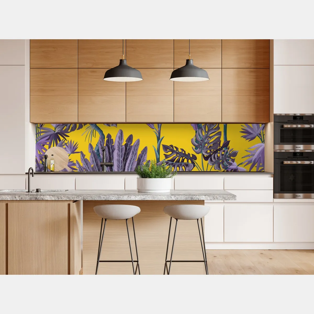 Naklejka repozycjonowalna tropikalne fioletowe liście na żółtym tle – Wallissimo® Naklejka repozycjonowalna tropikalne fioletowe liście na żółtym tle – Wallissimo®