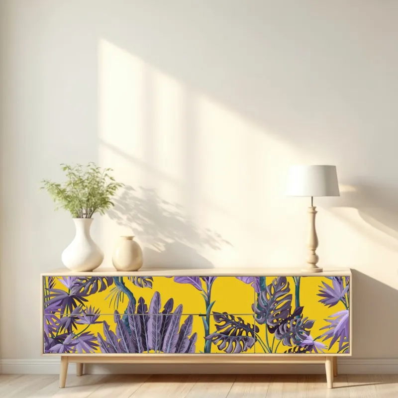 Naklejka repozycjonowalna tropikalne fioletowe liście na żółtym tle – Wallissimo® Naklejka repozycjonowalna tropikalne fioletowe liście na żółtym tle – Wallissimo®