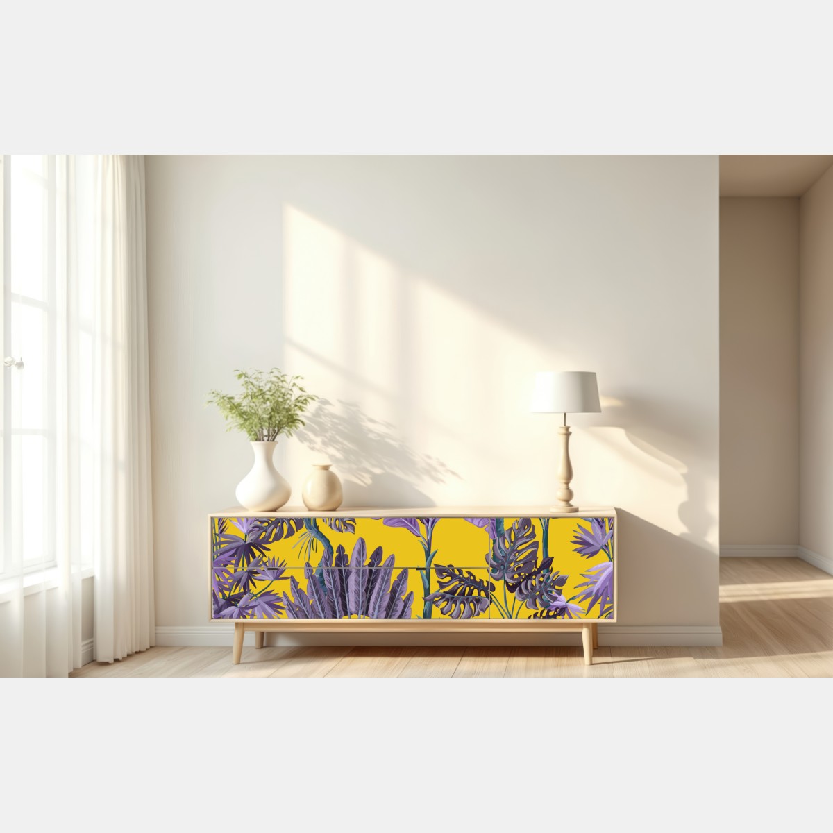 Naklejka repozycjonowalna tropikalne fioletowe liście na żółtym tle – Wallissimo® Naklejka repozycjonowalna tropikalne fioletowe liście na żółtym tle – Wallissimo®