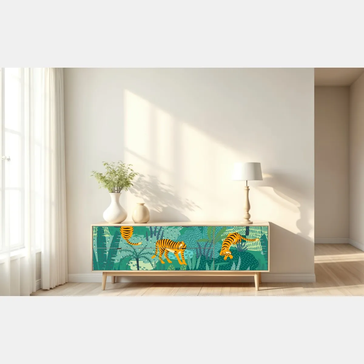 Naklejka repozycjonowalna tropikalna dżungla z tygrysami – Wallissimo® Naklejka repozycjonowalna tropikalna dżungla z tygrysami – Wallissimo®