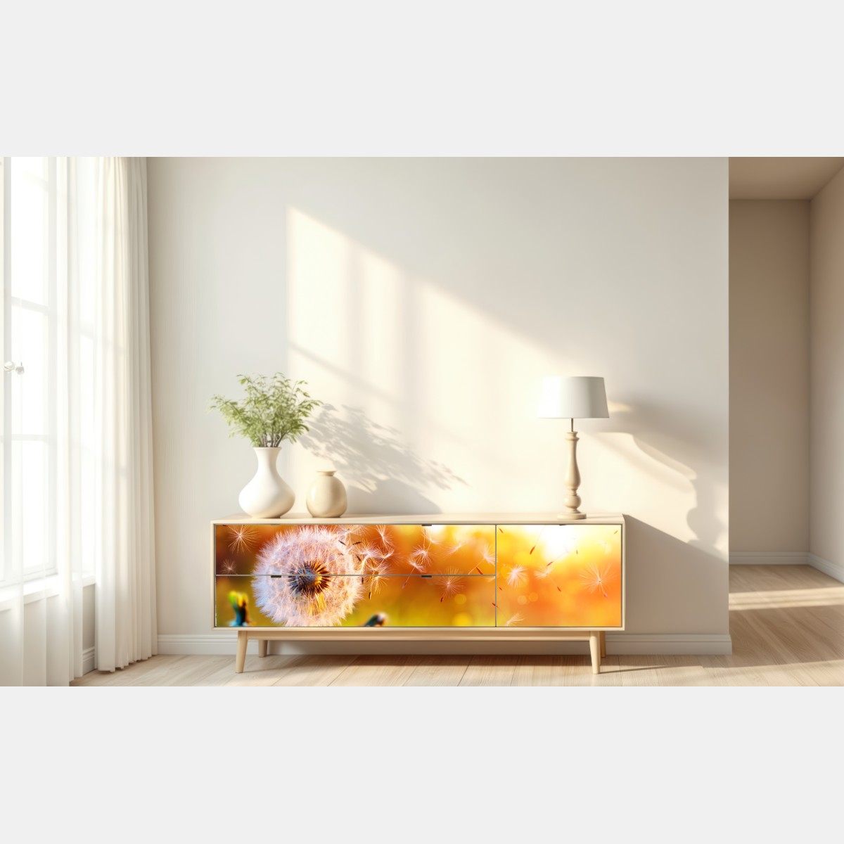 Naklejka repozycjonowalna złoty dmuchawiec o zachodzie słońca – Wallissimo® Naklejka repozycjonowalna złoty dmuchawiec o zachodzie słońca – Wallissimo®