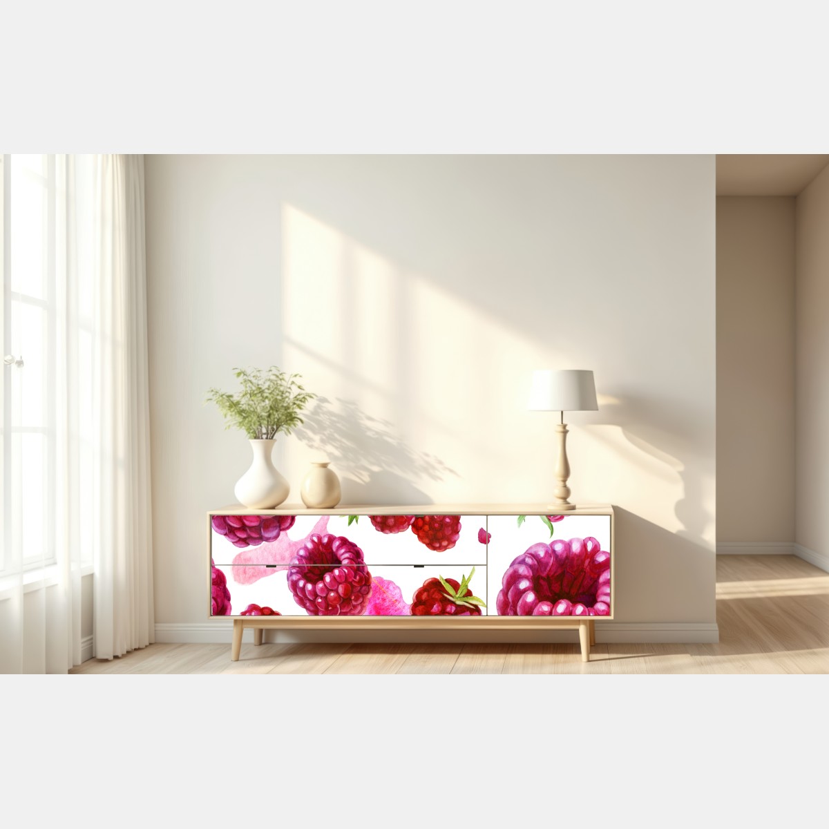 Naklejka repozycjonowalna akwarelowy wzór z malinami – Wallissimo® Naklejka repozycjonowalna akwarelowy wzór z malinami – Wallissimo®