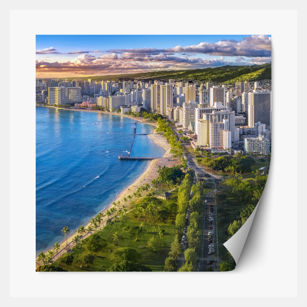 Repositionable sticker coastal city skyline at sunset