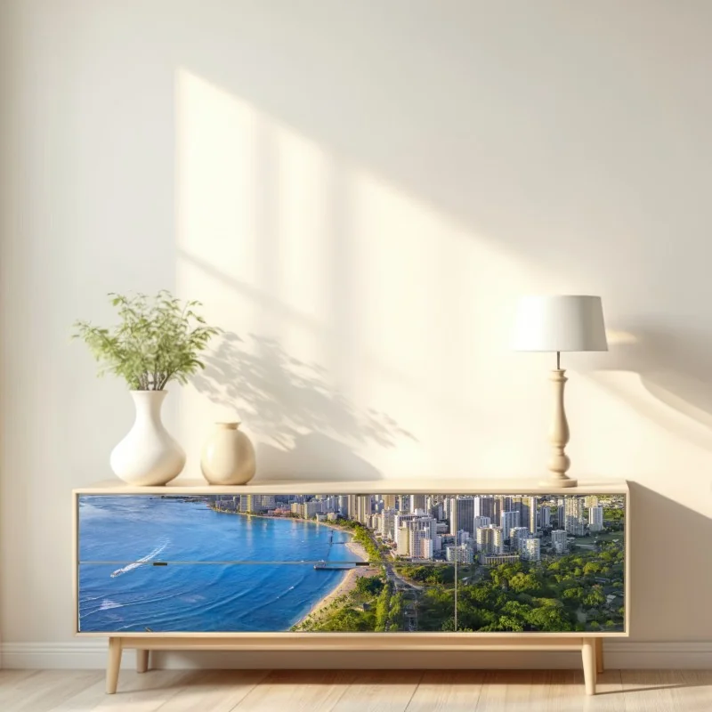 Naklejka repozycjonowalna panorama nadmorskiego miasta o zachodzie słońca – Wallissimo® Naklejka repozycjonowalna panorama nadmorskiego miasta o zachodzie słońca – Wallissimo®