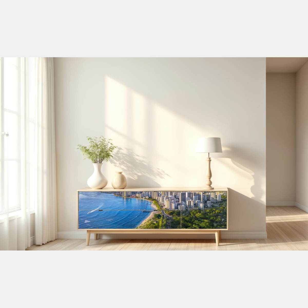 Naklejka repozycjonowalna panorama nadmorskiego miasta o zachodzie słońca – Wallissimo® Naklejka repozycjonowalna panorama nadmorskiego miasta o zachodzie słońca – Wallissimo®