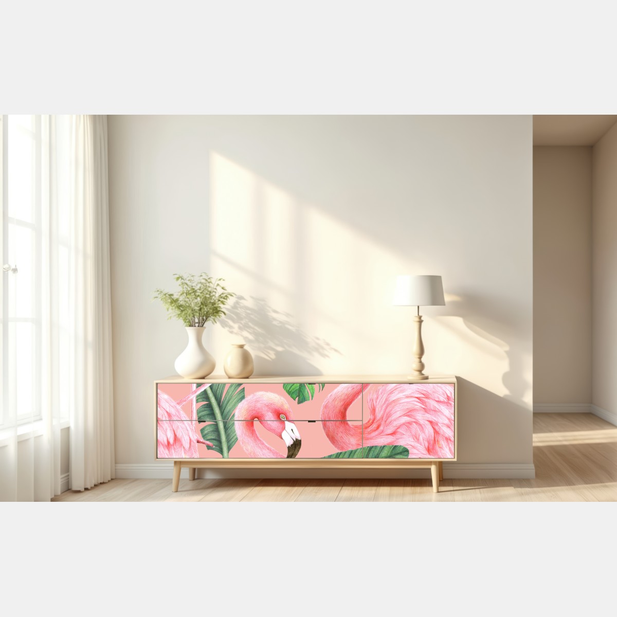 Naklejka repozycjonowalna różowy wzór z flamingami i liśćmi tropikalnymi – Wallissimo® Naklejka repozycjonowalna różowy wzór z flamingami i liśćmi tropikalnymi – Wallissimo®