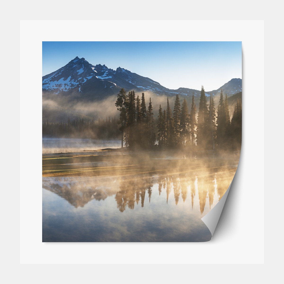 Repositionable sticker misty mountain reflection at sunrise