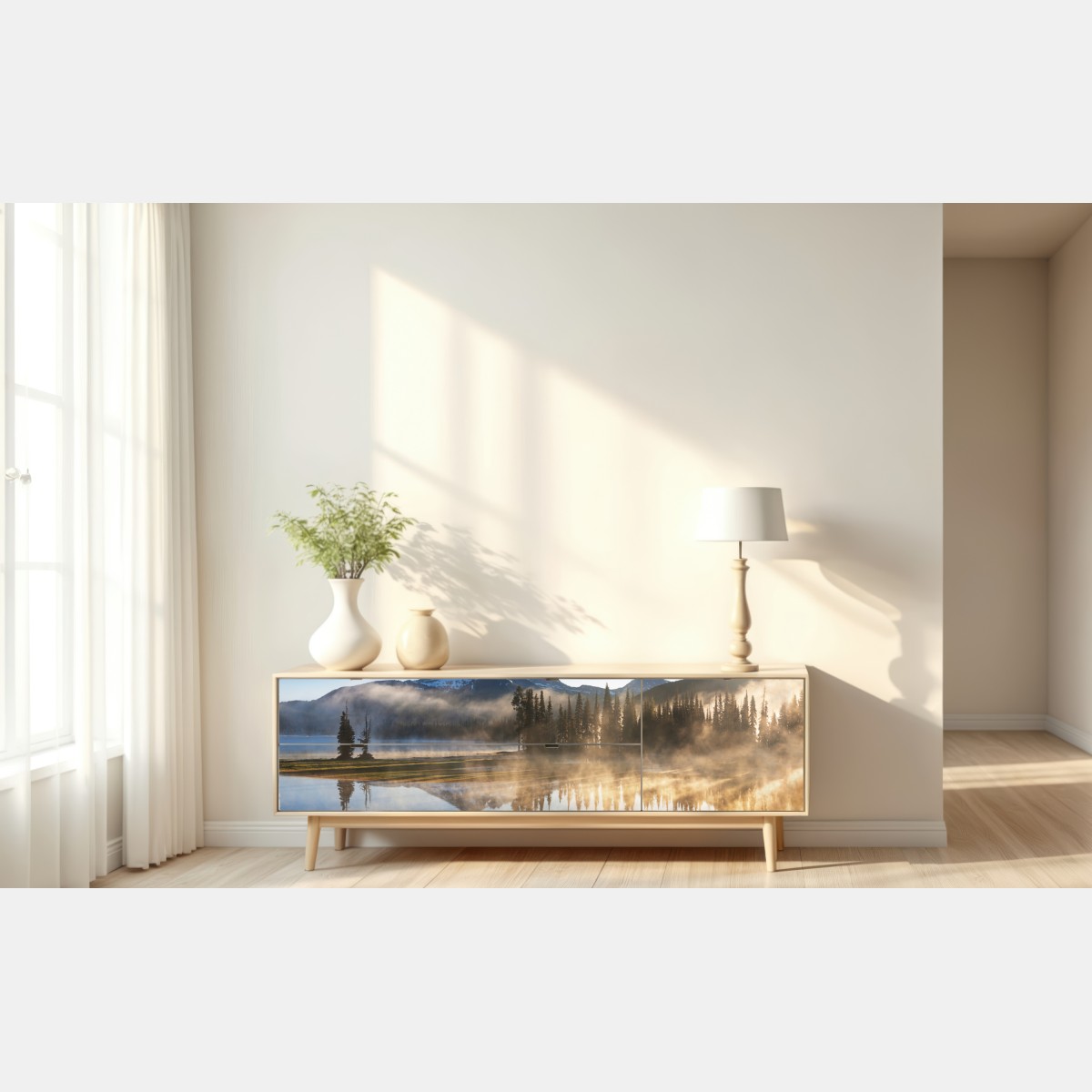Naklejka repozycjonowalna mglista góra odbita w jeziorze o świcie – Wallissimo® Naklejka repozycjonowalna mglista góra odbita w jeziorze o świcie – Wallissimo®