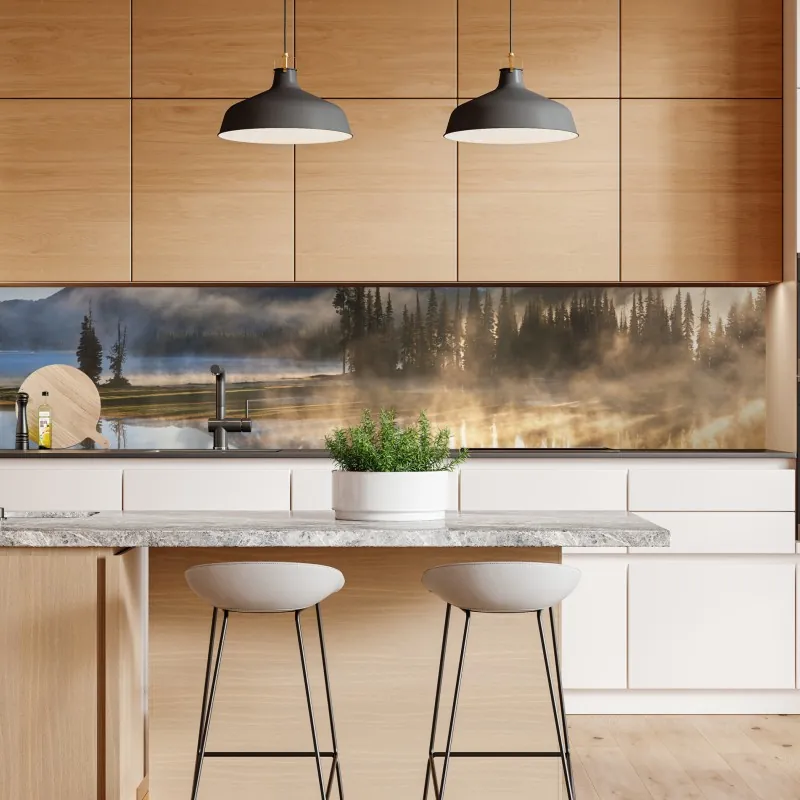 Naklejka repozycjonowalna mglista góra odbita w jeziorze o świcie – Wallissimo® Naklejka repozycjonowalna mglista góra odbita w jeziorze o świcie – Wallissimo®