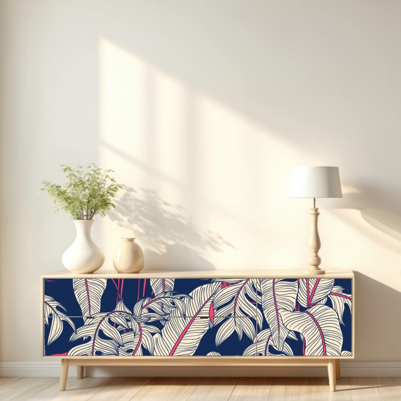 Naklejka repozycjonowalna granatowy tropikalny wzór z liśćmi – Wallissimo® Naklejka repozycjonowalna granatowy tropikalny wzór z liśćmi – Wallissimo®