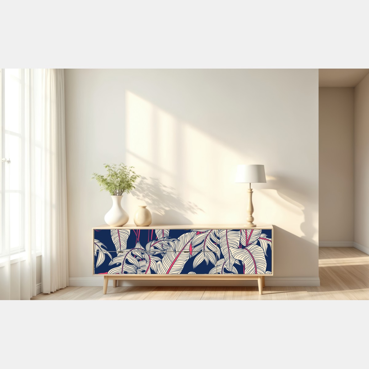 Naklejka repozycjonowalna granatowy tropikalny wzór z liśćmi – Wallissimo® Naklejka repozycjonowalna granatowy tropikalny wzór z liśćmi – Wallissimo®