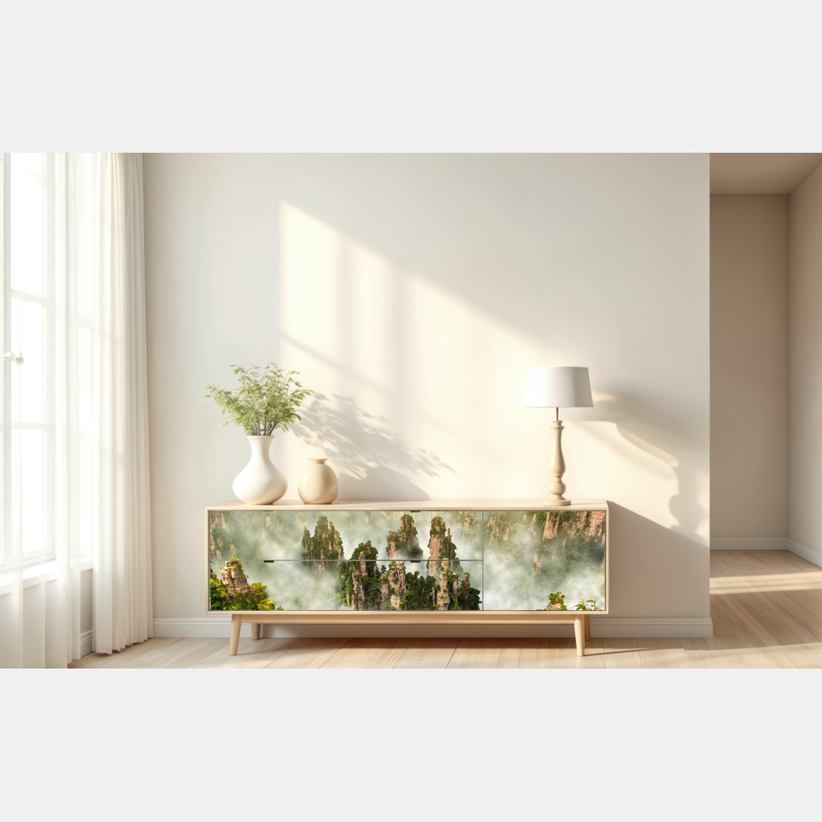 Naklejka repozycjonowalna mglisty krajobraz skalny Zhangjiajie – Wallissimo® Naklejka repozycjonowalna mglisty krajobraz skalny Zhangjiajie – Wallissimo®