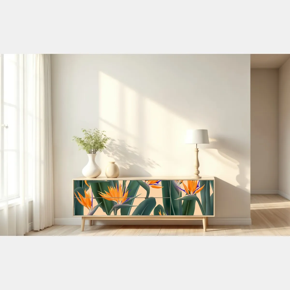 Naklejka repozycjonowalna tropikalny wzór strelicji – Wallissimo® Naklejka repozycjonowalna tropikalny wzór strelicji – Wallissimo®