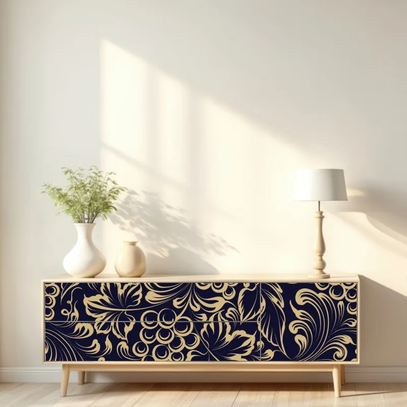 Naklejka repozycjonowalna elegancki barokowy wzór z winogronami w złocie – Wallissimo® Naklejka repozycjonowalna elegancki barokowy wzór z winogronami w złocie – Wallissimo®