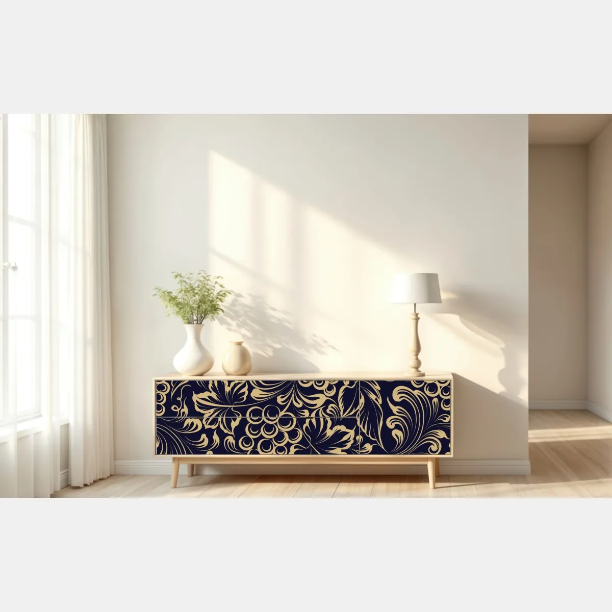 Naklejka repozycjonowalna elegancki barokowy wzór z winogronami w złocie – Wallissimo® Naklejka repozycjonowalna elegancki barokowy wzór z winogronami w złocie – Wallissimo®