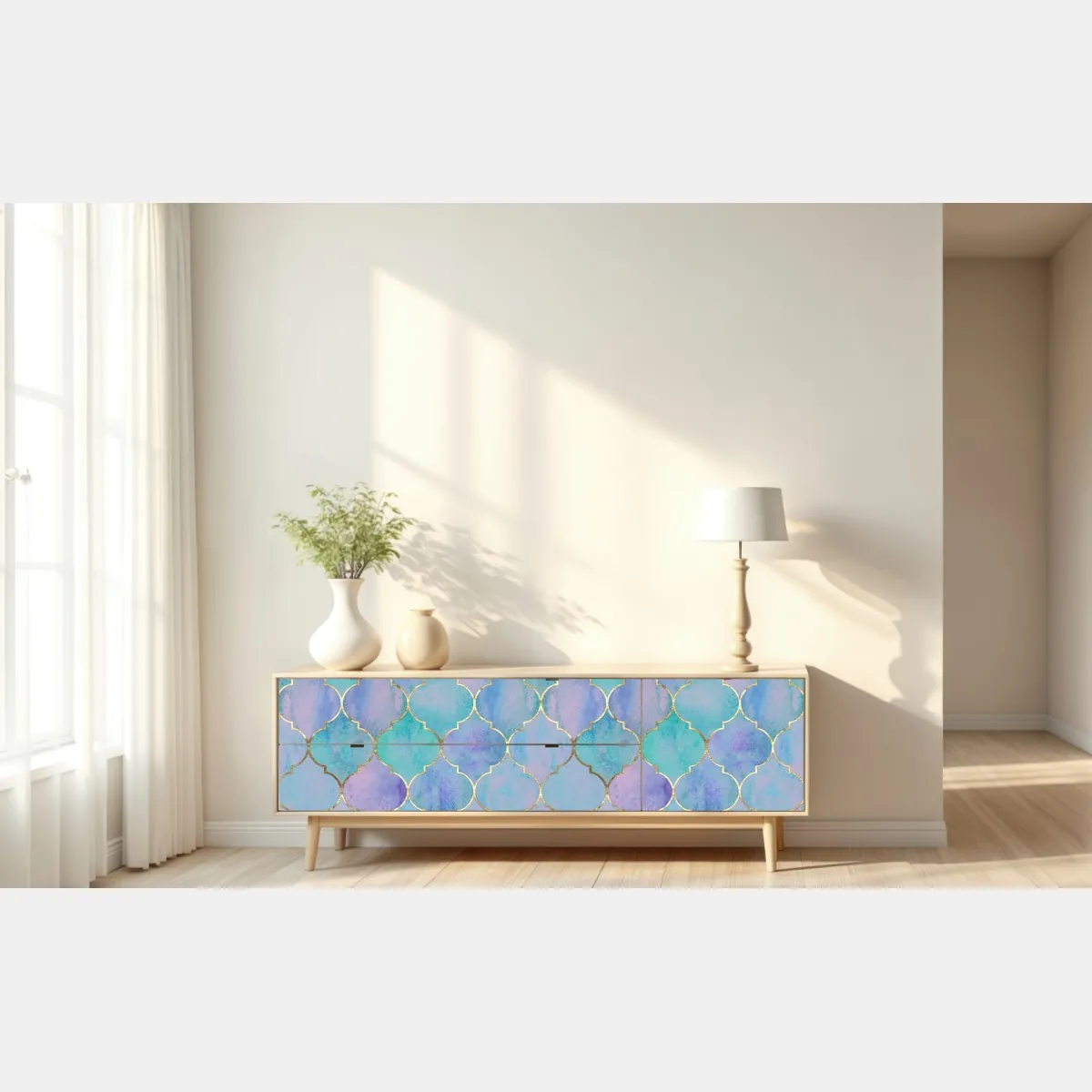 Naklejka repozycjonowalna pastelowy turkusowy wzór marokańskich płytek – Wallissimo® Naklejka repozycjonowalna pastelowy turkusowy wzór marokańskich płytek – Wallissimo®