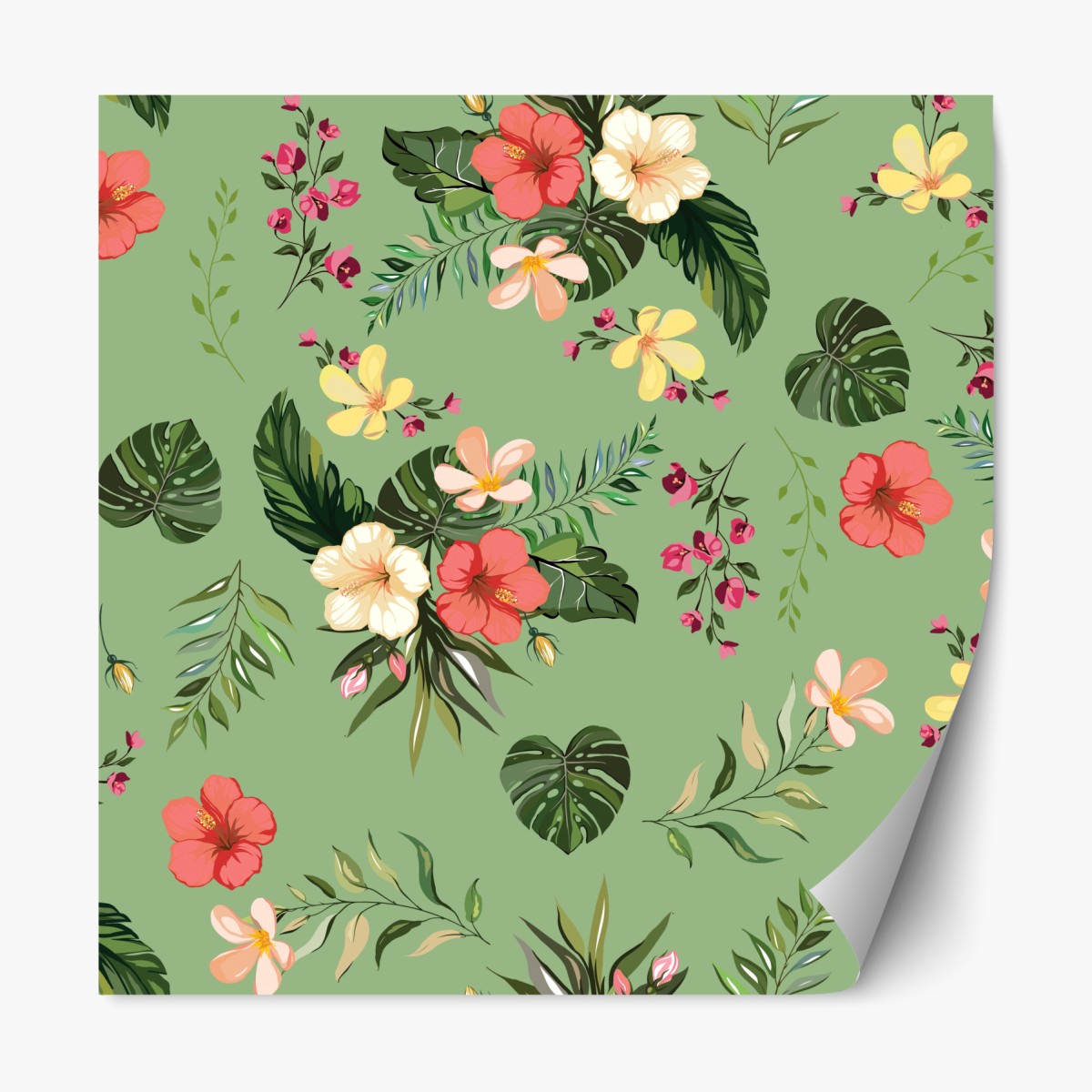 Repositionable sticker green tropical hibiscus pattern