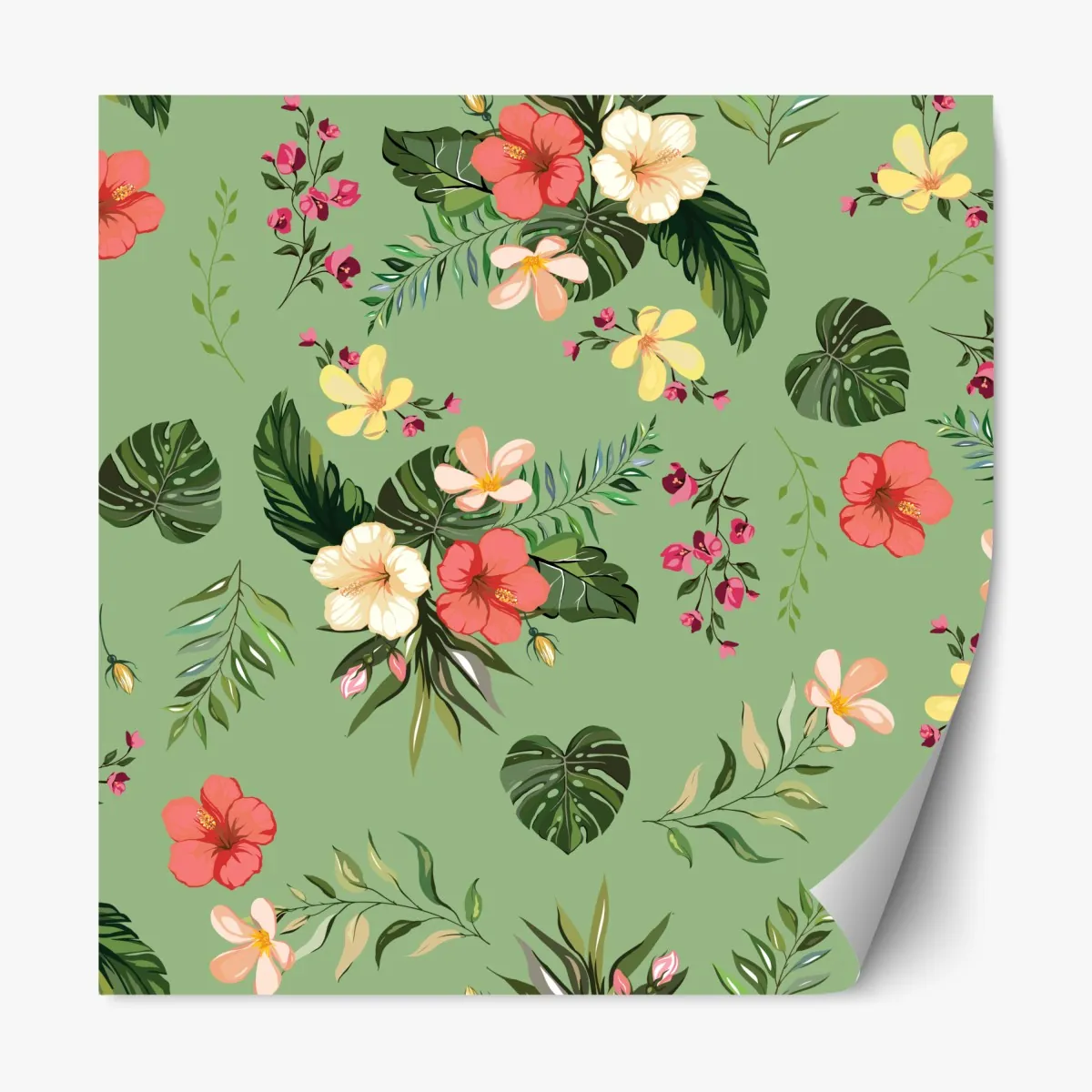 Naklejka repozycjonowalna zielony tropikalny wzór hibiskusa – Wallissimo® Naklejka repozycjonowalna zielony tropikalny wzór hibiskusa – Wallissimo®