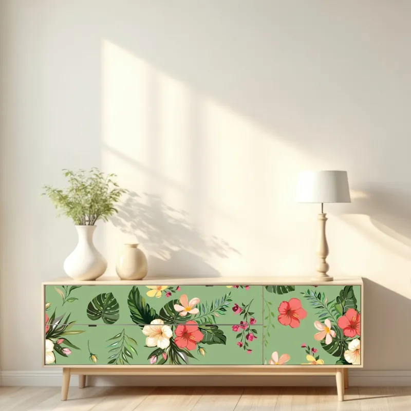 Naklejka repozycjonowalna zielony tropikalny wzór hibiskusa – Wallissimo® Naklejka repozycjonowalna zielony tropikalny wzór hibiskusa – Wallissimo®