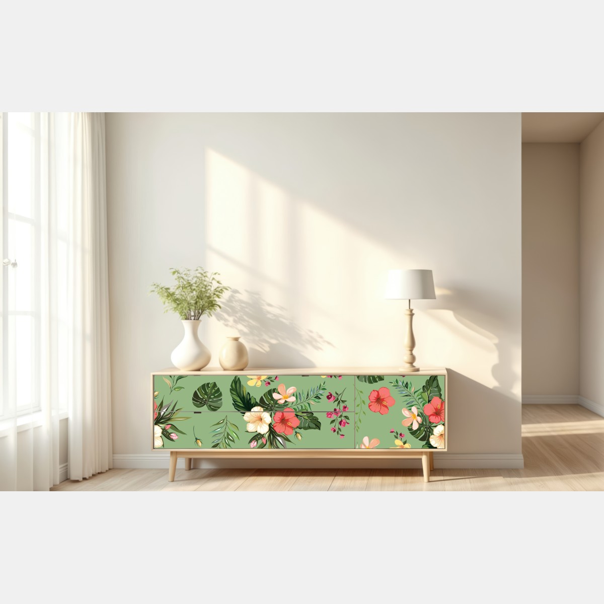 Naklejka repozycjonowalna zielony tropikalny wzór hibiskusa – Wallissimo® Naklejka repozycjonowalna zielony tropikalny wzór hibiskusa – Wallissimo®