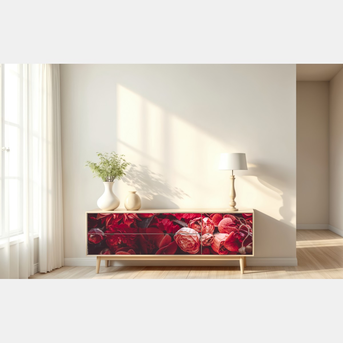 Naklejka repozycjonowalna kwiatowa symfonia w odcieniach czerwieni – Wallissimo® Naklejka repozycjonowalna kwiatowa symfonia w odcieniach czerwieni – Wallissimo®