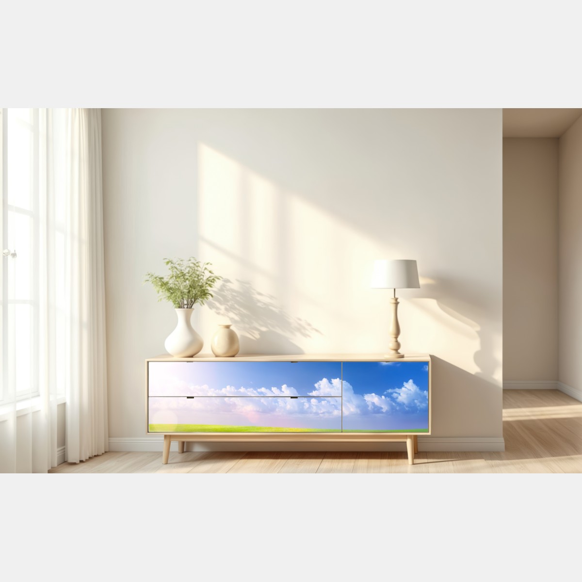 Naklejka repozycjonowalna słoneczna wiosenna łąka pod niebieskim niebem – Wallissimo® Naklejka repozycjonowalna słoneczna wiosenna łąka pod niebieskim niebem – Wallissimo®