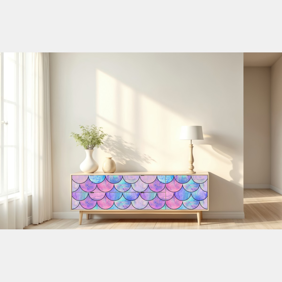 Naklejka repozycjonowalna pastelowy wzór łusek syreny – Wallissimo® Naklejka repozycjonowalna pastelowy wzór łusek syreny – Wallissimo®