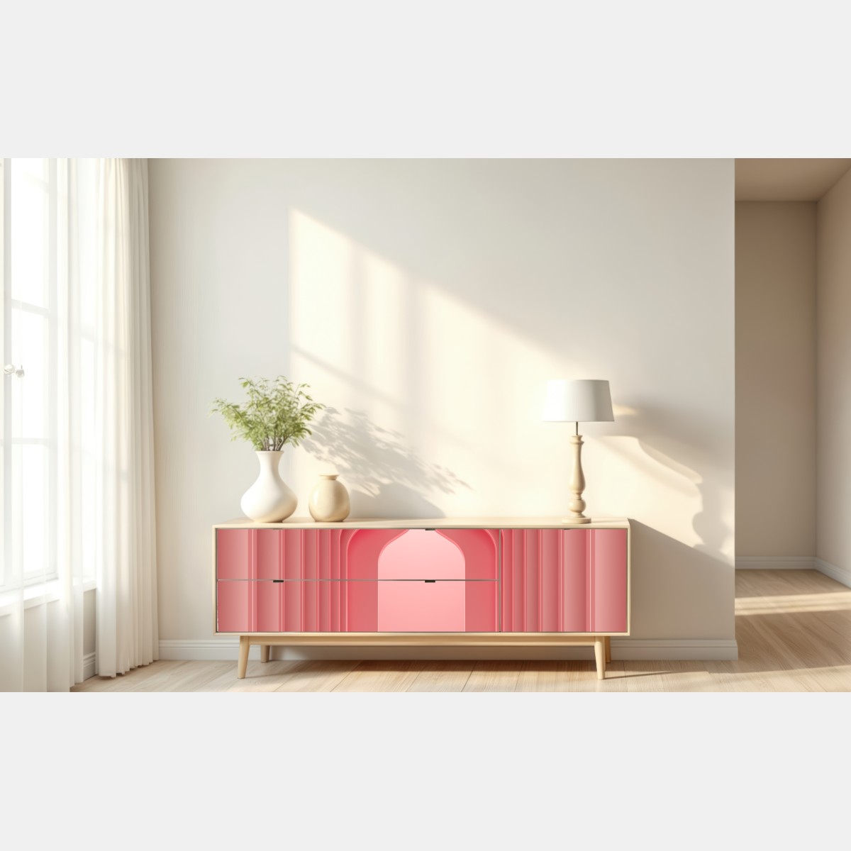 Naklejka repozycjonowalna nowoczesne luksusowe wnętrze w odcieniach koralowego różu – Wallissimo® Naklejka repozycjonowalna nowoczesne luksusowe wnętrze w odcieniach koralowego różu – Wallissimo®