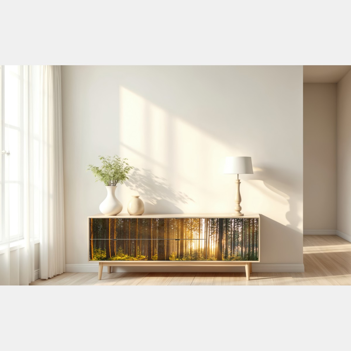 Naklejka repozycjonowalna słoneczny las o poranku – Wallissimo® Naklejka repozycjonowalna słoneczny las o poranku – Wallissimo®