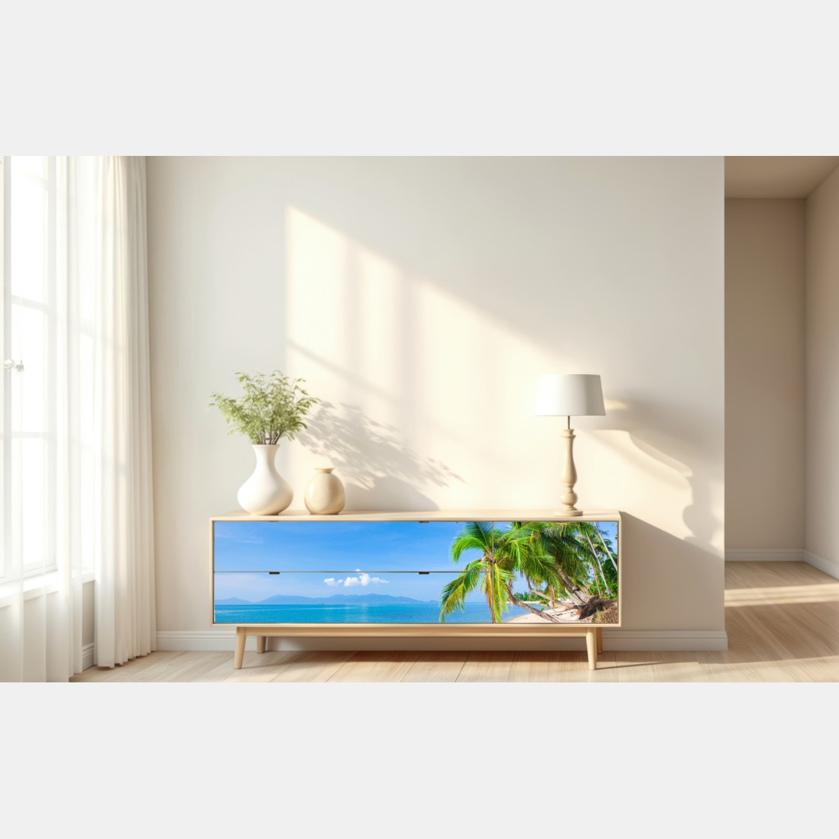 Naklejka repozycjonowalna tropikalna plaża z palmami – Wallissimo® Naklejka repozycjonowalna tropikalna plaża z palmami – Wallissimo®