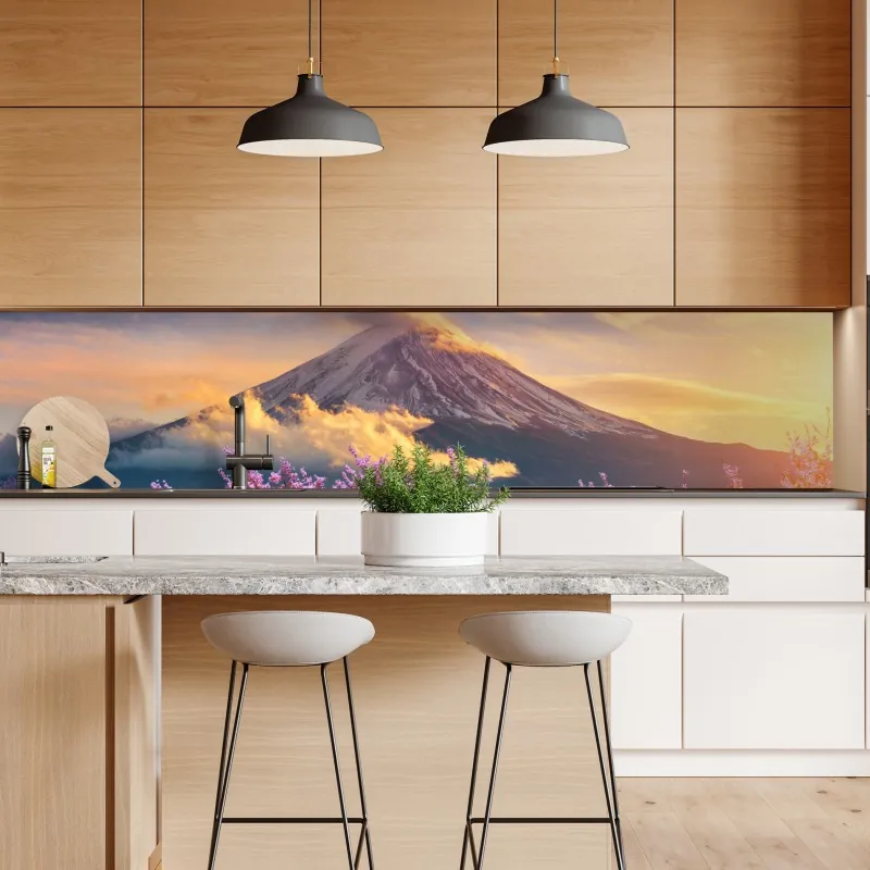 Naklejka repozycjonowalna Góra Fuji z kwitnącą sakurą o wschodzie słońca – Wallissimo® Naklejka repozycjonowalna Góra Fuji z kwitnącą sakurą o wschodzie słońca – Wallissimo®