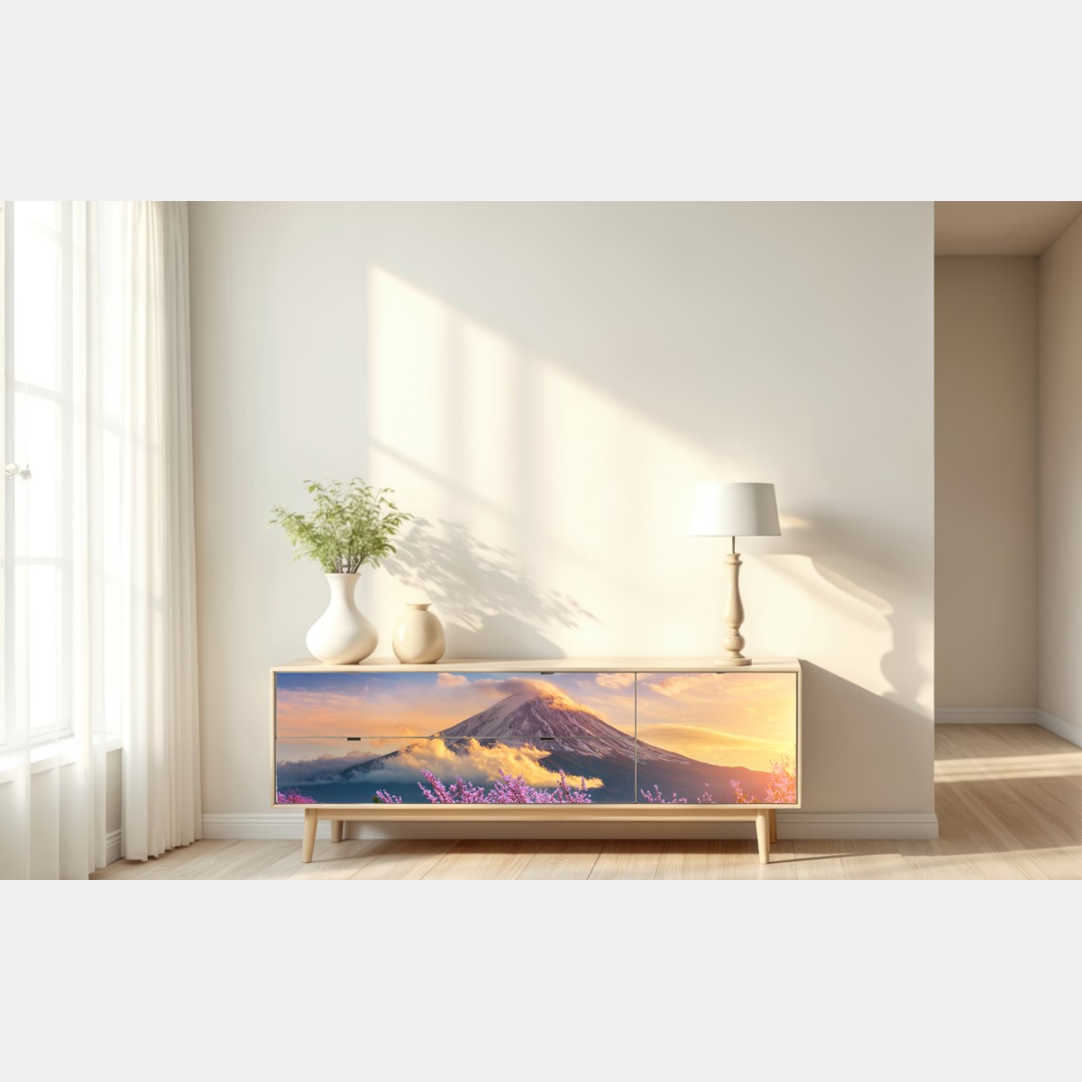 Naklejka repozycjonowalna Góra Fuji z kwitnącą sakurą o wschodzie słońca – Wallissimo® Naklejka repozycjonowalna Góra Fuji z kwitnącą sakurą o wschodzie słońca – Wallissimo®