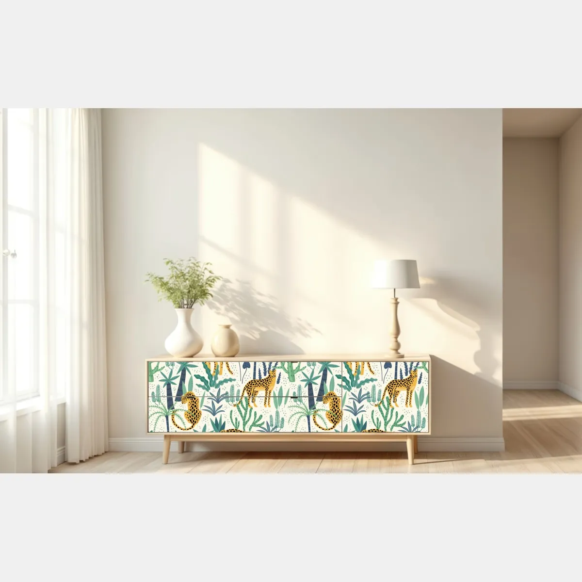 Naklejka repozycjonowalna tropikalny wzór z lampartami – Wallissimo® Naklejka repozycjonowalna tropikalny wzór z lampartami – Wallissimo®
