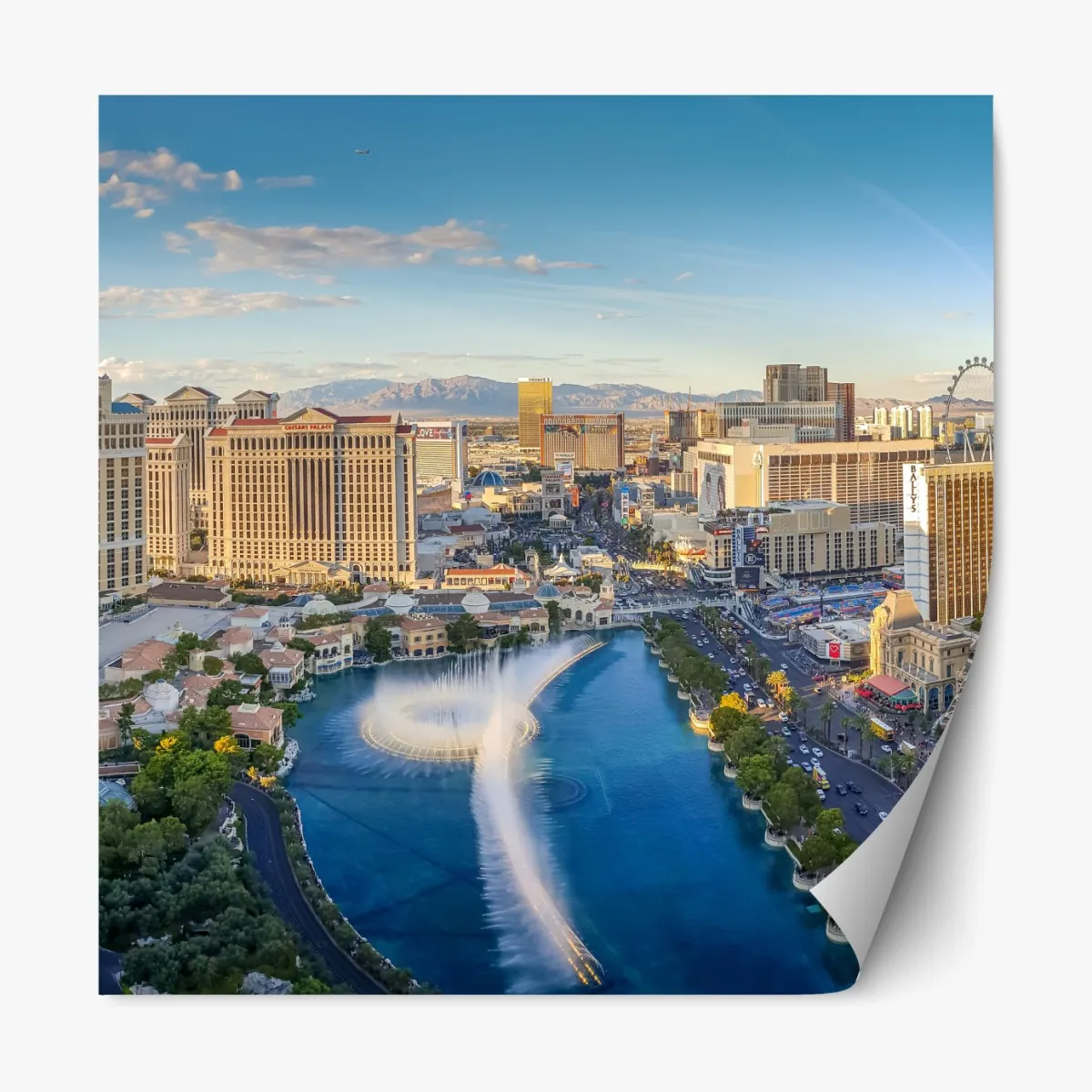 Naklejka repozycjonowalna słoneczna panorama Las Vegas z tańczącymi fontannami i wieżą Eiffla – Wallissimo® Naklejka repozycjonowalna słoneczna panorama Las Vegas z tańczącymi fontannami i wieżą Eiffla – Wallissimo®