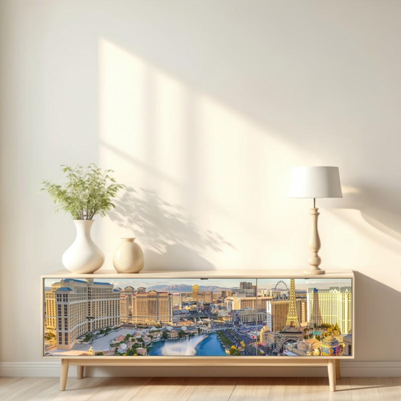 Naklejka repozycjonowalna słoneczna panorama Las Vegas z tańczącymi fontannami i wieżą Eiffla – Wallissimo® Naklejka repozycjonowalna słoneczna panorama Las Vegas z tańczącymi fontannami i wieżą Eiffla – Wallissimo®