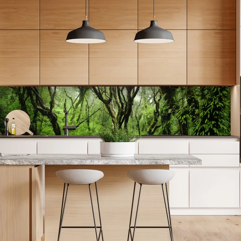 Naklejka repozycjonowalna mglisty świerkowy las w porannym świetle – Wallissimo®