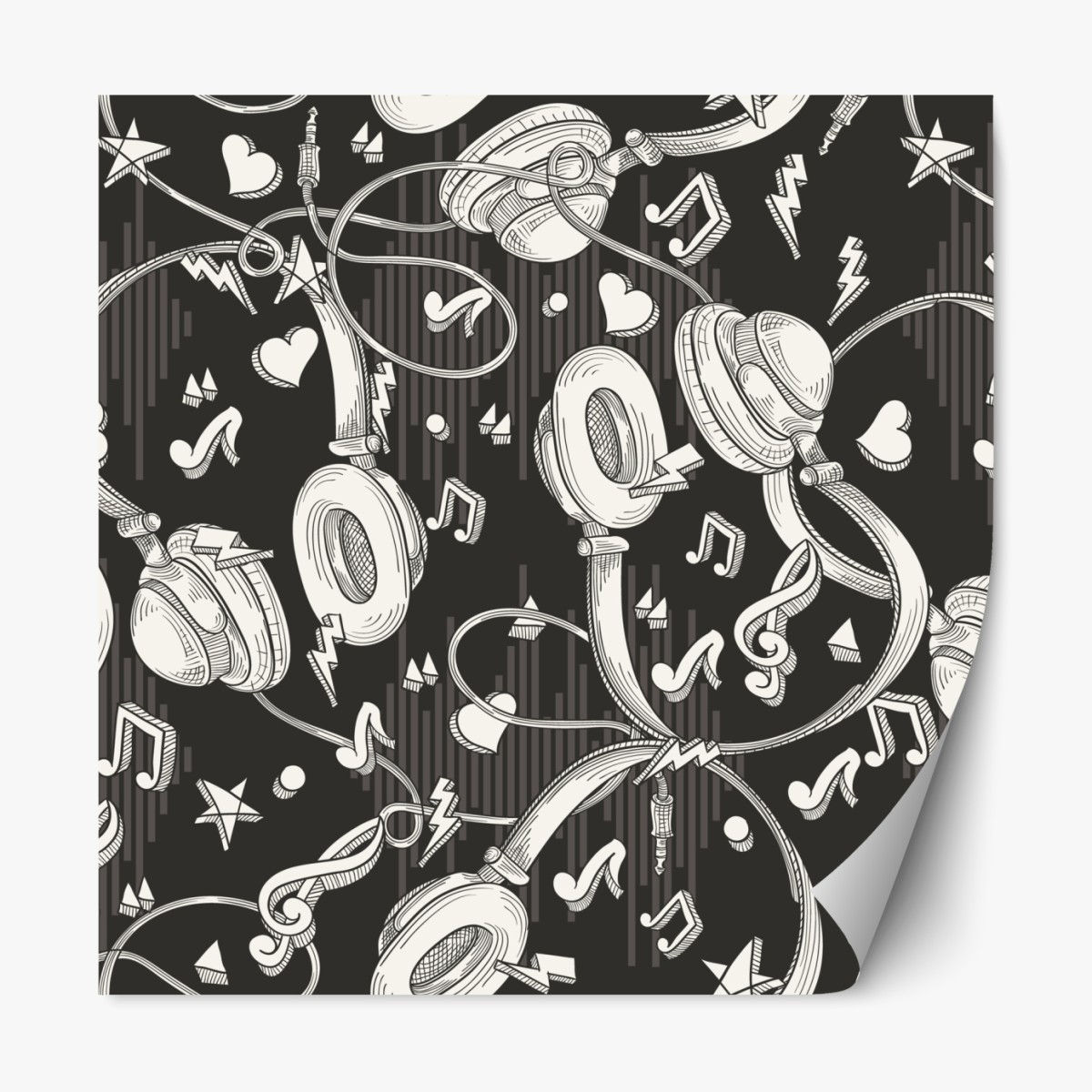 Repositionable sticker monochrome headphones and music notes pattern
