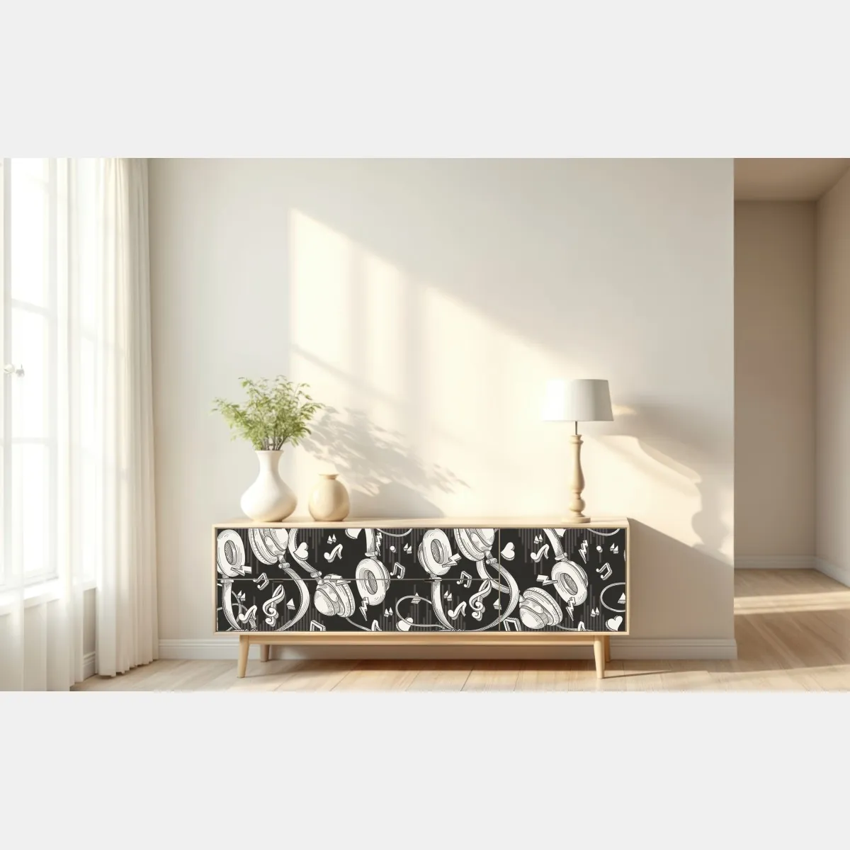 Naklejka repozycjonowalna monochromatyczny wzór słuchawek i nut – Wallissimo® Naklejka repozycjonowalna monochromatyczny wzór słuchawek i nut – Wallissimo®