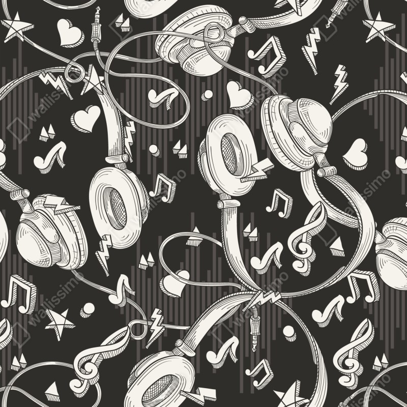 Naklejka repozycjonowalna monochromatyczny wzór słuchawek i nut – Wallissimo® Naklejka repozycjonowalna monochromatyczny wzór słuchawek i nut – Wallissimo®