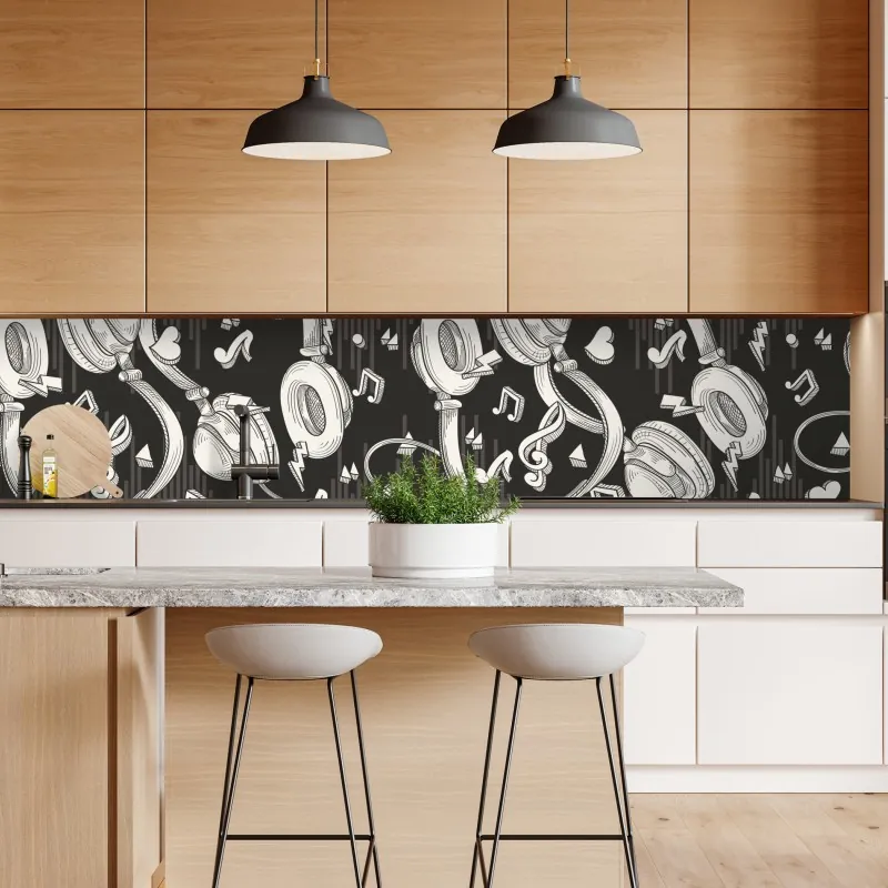 Naklejka repozycjonowalna monochromatyczny wzór słuchawek i nut – Wallissimo® Naklejka repozycjonowalna monochromatyczny wzór słuchawek i nut – Wallissimo®