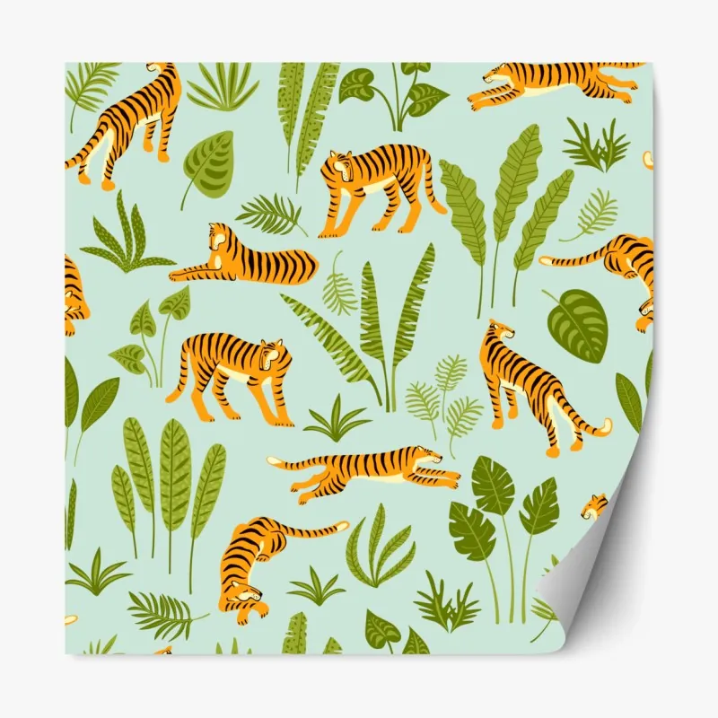 Naklejka repozycjonowalna egzotyczne tygrysy wśród liści