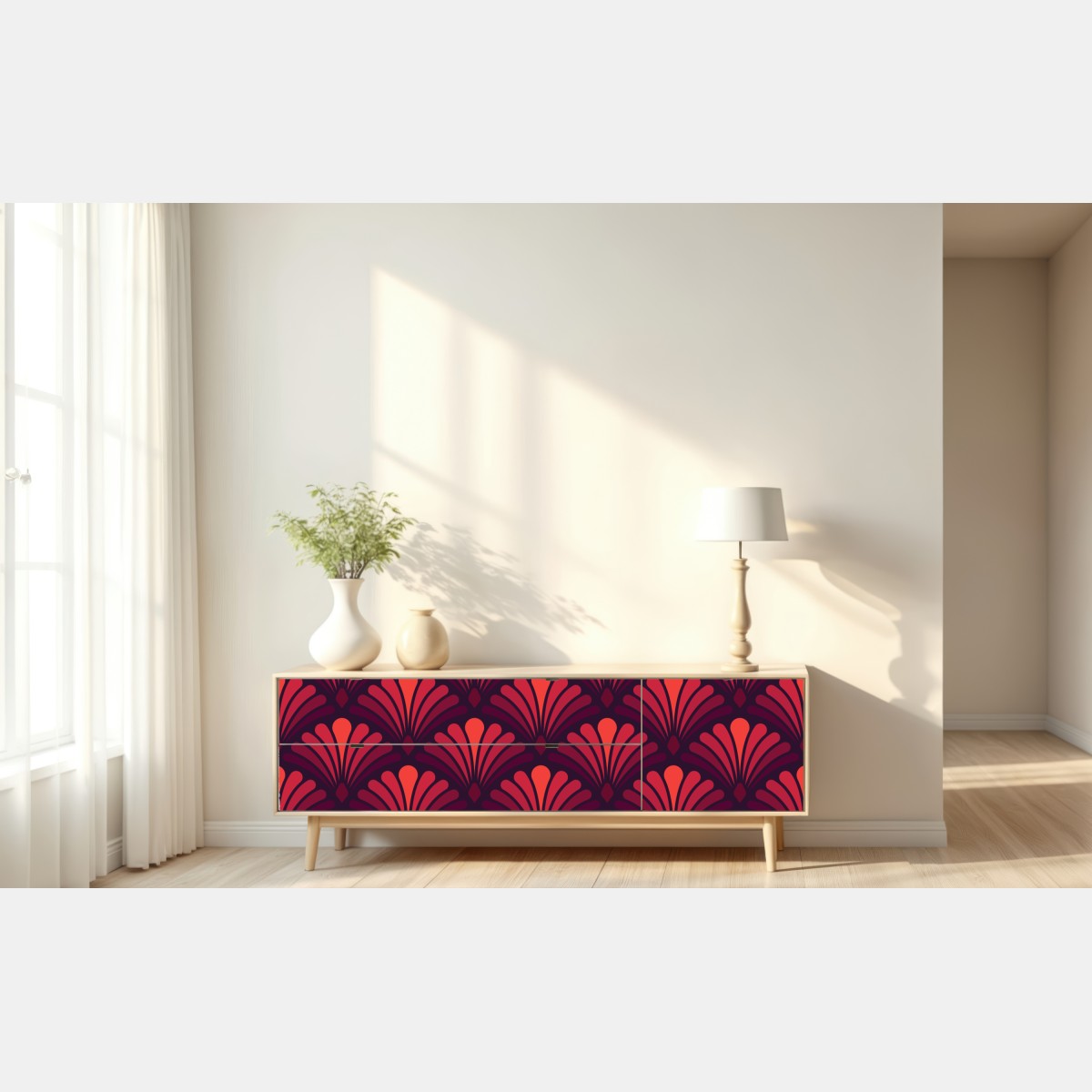 Naklejka repozycjonowalna elegancki motyw art deco w odcieniach bordo i koralu – Wallissimo® Naklejka repozycjonowalna elegancki motyw art deco w odcieniach bordo i koralu – Wallissimo®