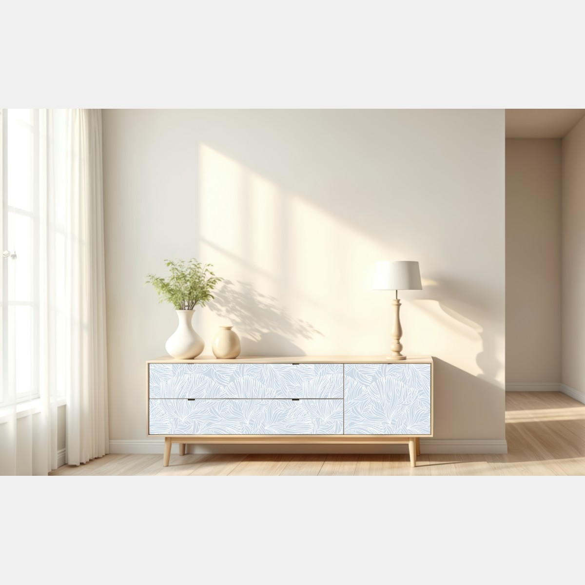 Naklejka repozycjonowalna delikatny niebieski wzór botaniczny – Wallissimo® Naklejka repozycjonowalna delikatny niebieski wzór botaniczny – Wallissimo®